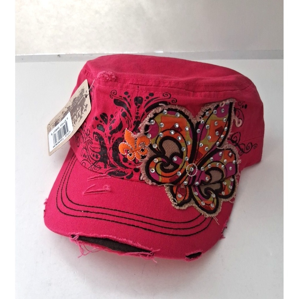 Leader Cadet Cap Distressed Crystal Studded Fleur De Lis Women's Adjustable Pink